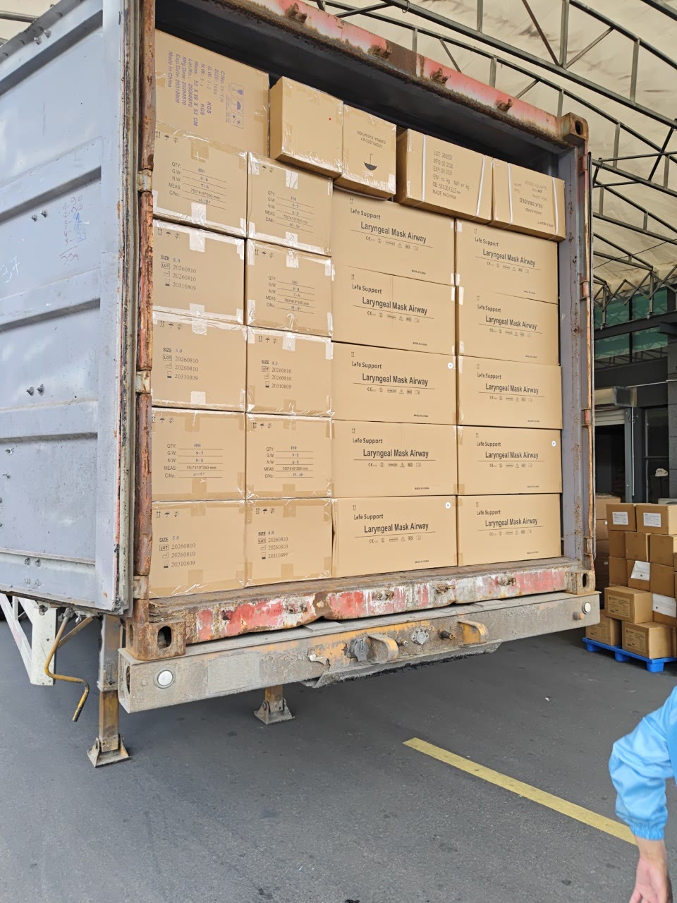 Container five: a grey container packed with cartons from the floor to the roof